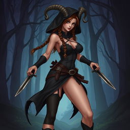 A detailed illustration of a female satyr assassin with braided brown hair