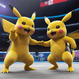 Pikachu and Electabuzz, two iconic Pokémon, in a playful stance ready for battle in a vibrant Pokémon arena.