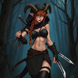 A detailed illustration of a female satyr assassin with braided brown hair