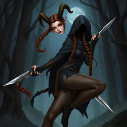 A detailed illustration of a female satyr assassin with braided brown hair