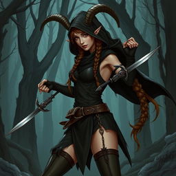 A detailed illustration of a female satyr assassin with braided brown hair