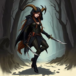 A detailed illustration of a female satyr assassin with braided brown hair