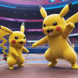 Pikachu and Electabuzz, two iconic Pokémon, in a playful stance ready for battle in a vibrant Pokémon arena.