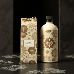 Create a packaging design inspired by batik from Indonesia, with a focus on cream color