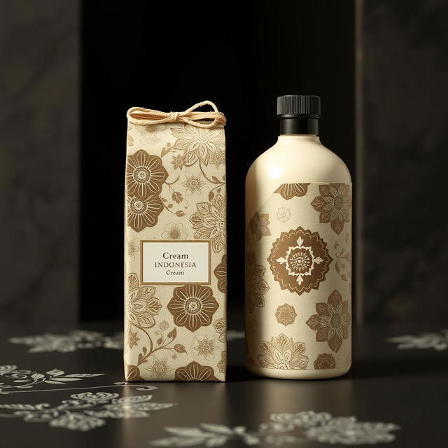 Create a packaging design inspired by batik from Indonesia, with a focus on cream color