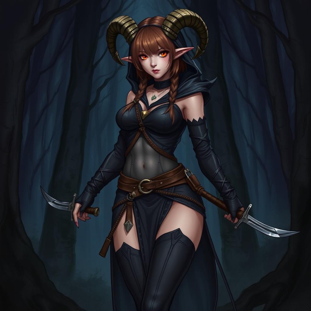 A detailed illustration of a female satyr assassin with short braided brown hair