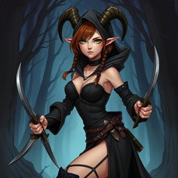 A detailed illustration of a female satyr assassin with short braided brown hair