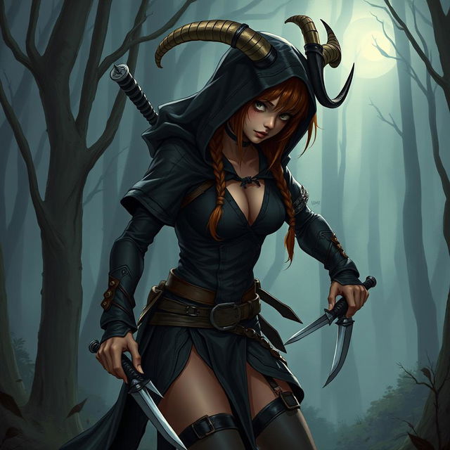 A detailed illustration of a female satyr assassin with short braided brown hair