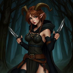 A detailed illustration of a female satyr assassin with short braided brown hair