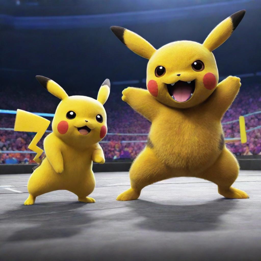 Pikachu and Electabuzz, two iconic Pokémon, in a playful stance ready for battle in a vibrant Pokémon arena.