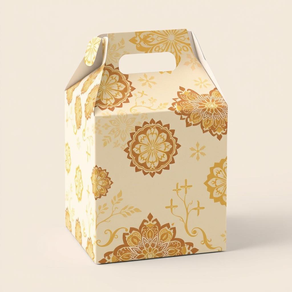 Create a packaging design for a food box inspired by batik from Indonesia, with a focus on cream color