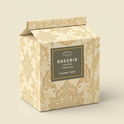 Create a packaging design for a food box inspired by batik from Indonesia, with a focus on cream color