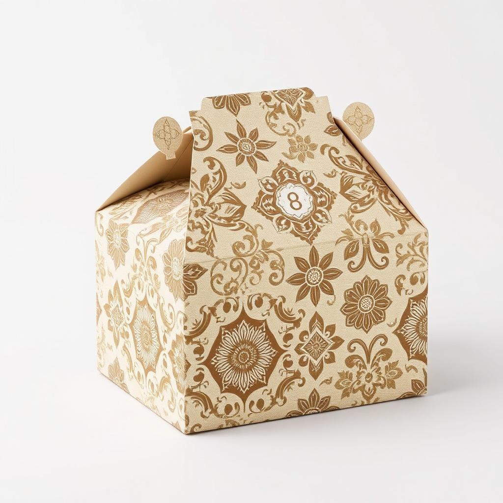 Create a packaging design for a food box inspired by batik from Indonesia, with a focus on cream color