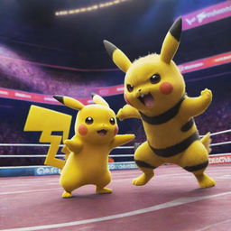 Pikachu and Electabuzz, two iconic Pokémon, in a playful stance ready for battle in a vibrant Pokémon arena.