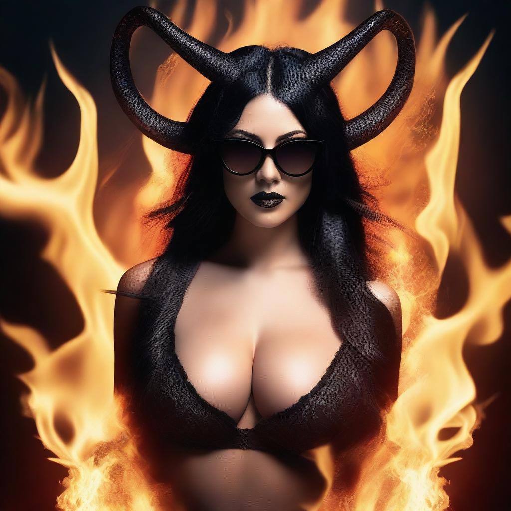 Create an image of a woman with horns, long black hair, very large breasts, wearing sexy black lingerie and sunglasses