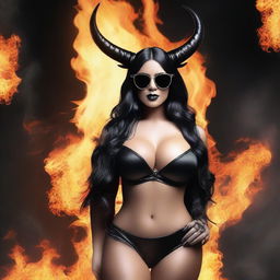 Create an image of a woman with horns, long black hair, very large breasts, wearing sexy black lingerie and sunglasses