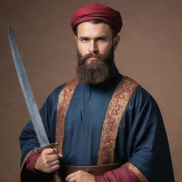 A handsome young bearded scholar in traditional attire, equipped with a sword, ready for battle, symbolizing wisdom and courage.