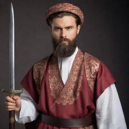 A handsome young bearded scholar in traditional attire, equipped with a sword, ready for battle, symbolizing wisdom and courage.