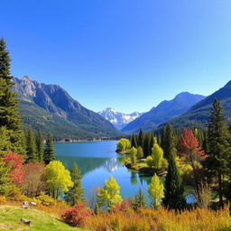 A beautiful landscape featuring a serene lake, surrounded by lush green trees and mountains in the background under a clear blue sky