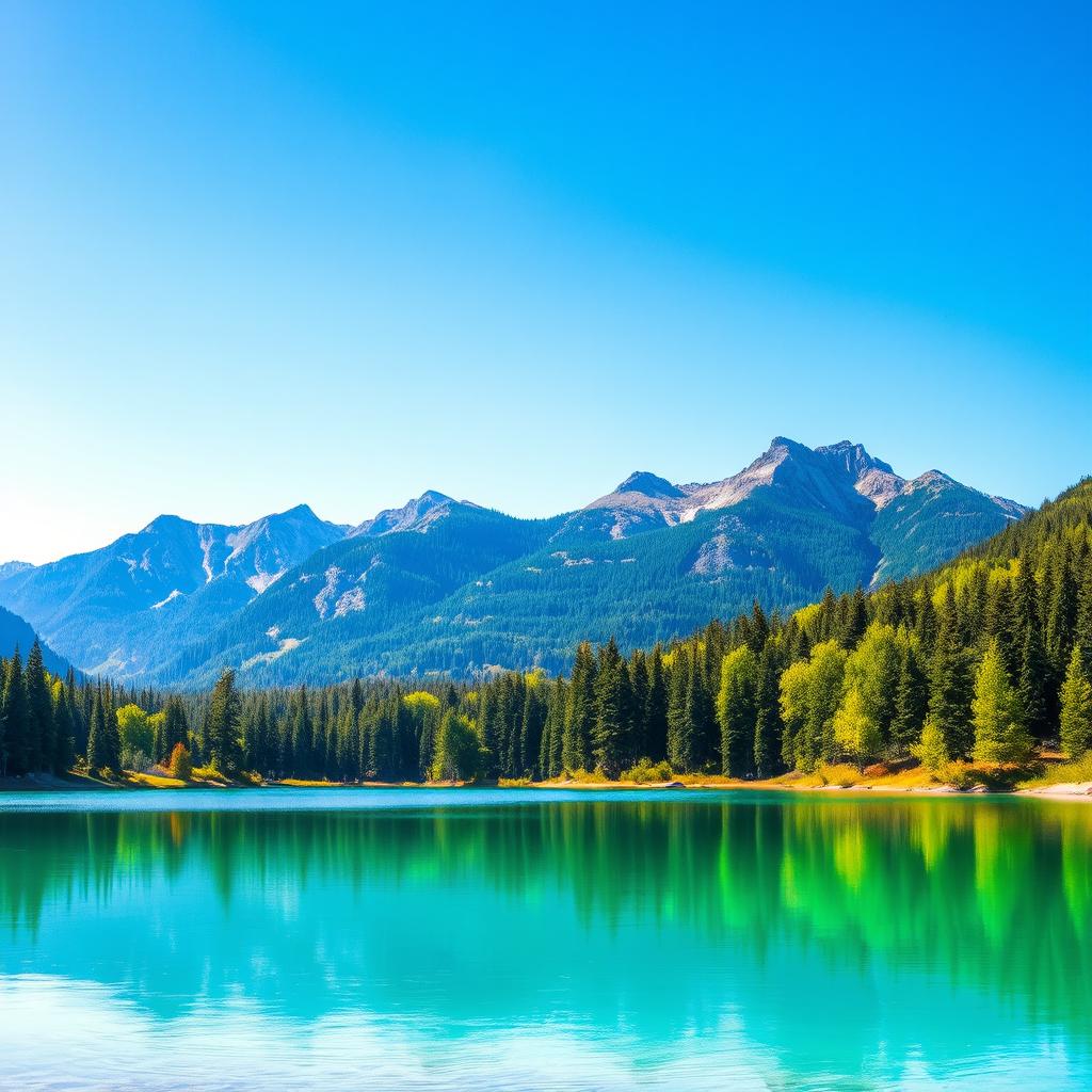 A beautiful landscape featuring a serene lake, surrounded by lush green trees and mountains in the background under a clear blue sky