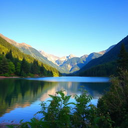 A beautiful landscape featuring a serene lake, surrounded by lush green trees and mountains in the background under a clear blue sky