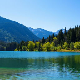 A beautiful landscape featuring a serene lake, surrounded by lush green trees and mountains in the background under a clear blue sky