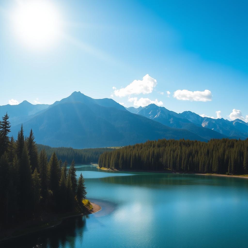 A beautiful landscape featuring a serene lake surrounded by lush green forests and majestic mountains in the background