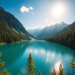 A beautiful landscape featuring a serene lake surrounded by lush green forests and majestic mountains in the background