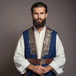 A handsome young bearded scholar in traditional attire, equipped with a sword, ready for battle, symbolizing wisdom and courage.