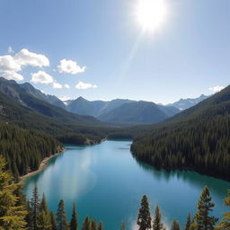 A beautiful landscape featuring a serene lake surrounded by lush green forests and majestic mountains in the background