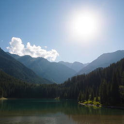 A beautiful landscape featuring a serene lake surrounded by lush green forests and majestic mountains in the background