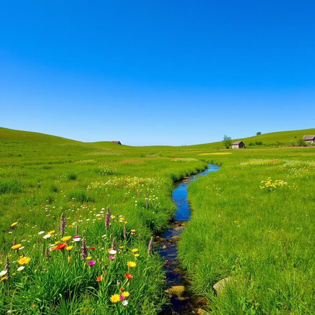 A serene landscape featuring a lush green meadow with colorful wildflowers, a clear blue sky, and a gentle stream flowing through the scene