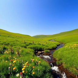 A serene landscape featuring a lush green meadow with colorful wildflowers, a clear blue sky, and a gentle stream flowing through the scene