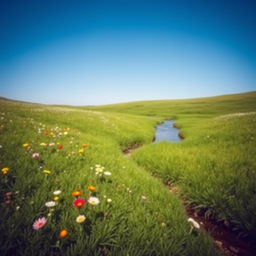 A serene landscape featuring a lush green meadow with colorful wildflowers, a clear blue sky, and a gentle stream flowing through the scene