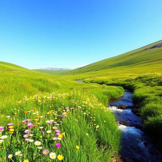 A serene landscape featuring a lush green meadow with colorful wildflowers, a clear blue sky, and a gentle stream flowing through the scene