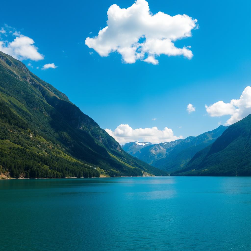 A beautiful landscape featuring a serene lake surrounded by lush green mountains and a clear blue sky with a few fluffy clouds