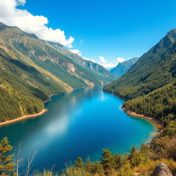 A beautiful landscape featuring a serene lake surrounded by lush green mountains and a clear blue sky with a few fluffy clouds