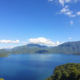 A beautiful landscape featuring a serene lake surrounded by lush green mountains and a clear blue sky with a few fluffy clouds