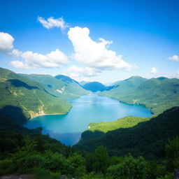 A beautiful landscape featuring a serene lake surrounded by lush green mountains and a clear blue sky with a few fluffy clouds