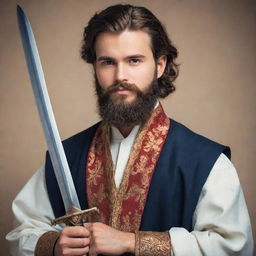 A handsome young bearded scholar in traditional attire, equipped with a sword, ready for battle, symbolizing wisdom and courage.