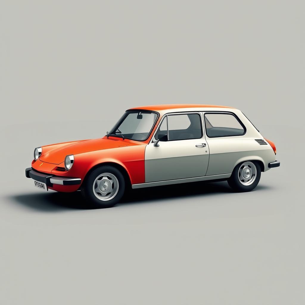 Create a realistic image that combines features of a Ferrari and a Renault 4