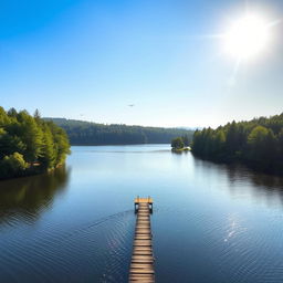 A beautiful landscape featuring a serene lake surrounded by lush green trees, with a clear blue sky and gentle sunlight reflecting off the water