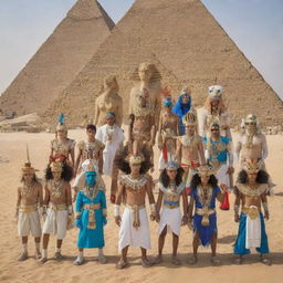 A diverse assembly of Digimon characters dressed in elaborate traditional Egyptian attire, situated near historical landmarks like the Pyramids of Giza or the Sphinx.