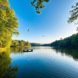 A beautiful landscape featuring a serene lake surrounded by lush green trees, with a clear blue sky and gentle sunlight reflecting off the water