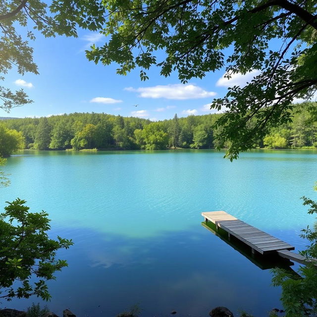 A beautiful landscape featuring a serene lake surrounded by lush green trees, with a clear blue sky and gentle sunlight reflecting off the water