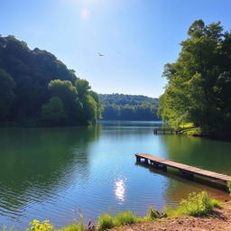 A beautiful landscape featuring a serene lake surrounded by lush green trees, with a clear blue sky and gentle sunlight reflecting off the water