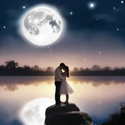 A real photo capturing a beautiful love story set under the serene glow of a white moonlight