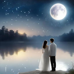 A real photo capturing a beautiful love story set under the serene glow of a white moonlight