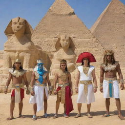 A diverse assembly of Digimon characters dressed in elaborate traditional Egyptian attire, situated near historical landmarks like the Pyramids of Giza or the Sphinx.