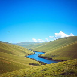 A serene landscape featuring a clear blue sky, rolling green hills, and a calm river flowing through the valley